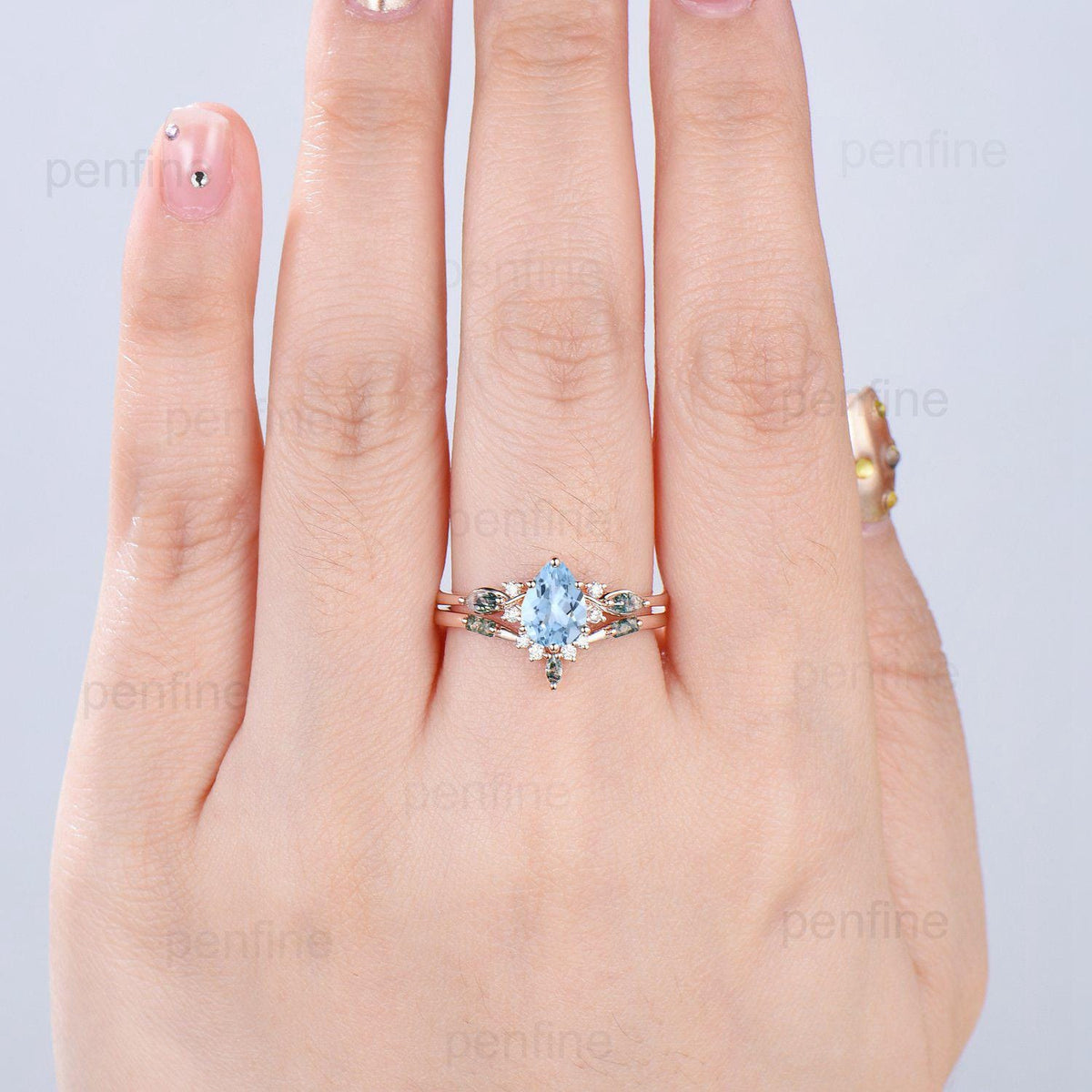 Vintage Pear Shaped Natural Aquamarine Engagement Ring Set Unique 14k Rose Gold Vine Marquise Green Agate Wedding Ring Set Ring for Women