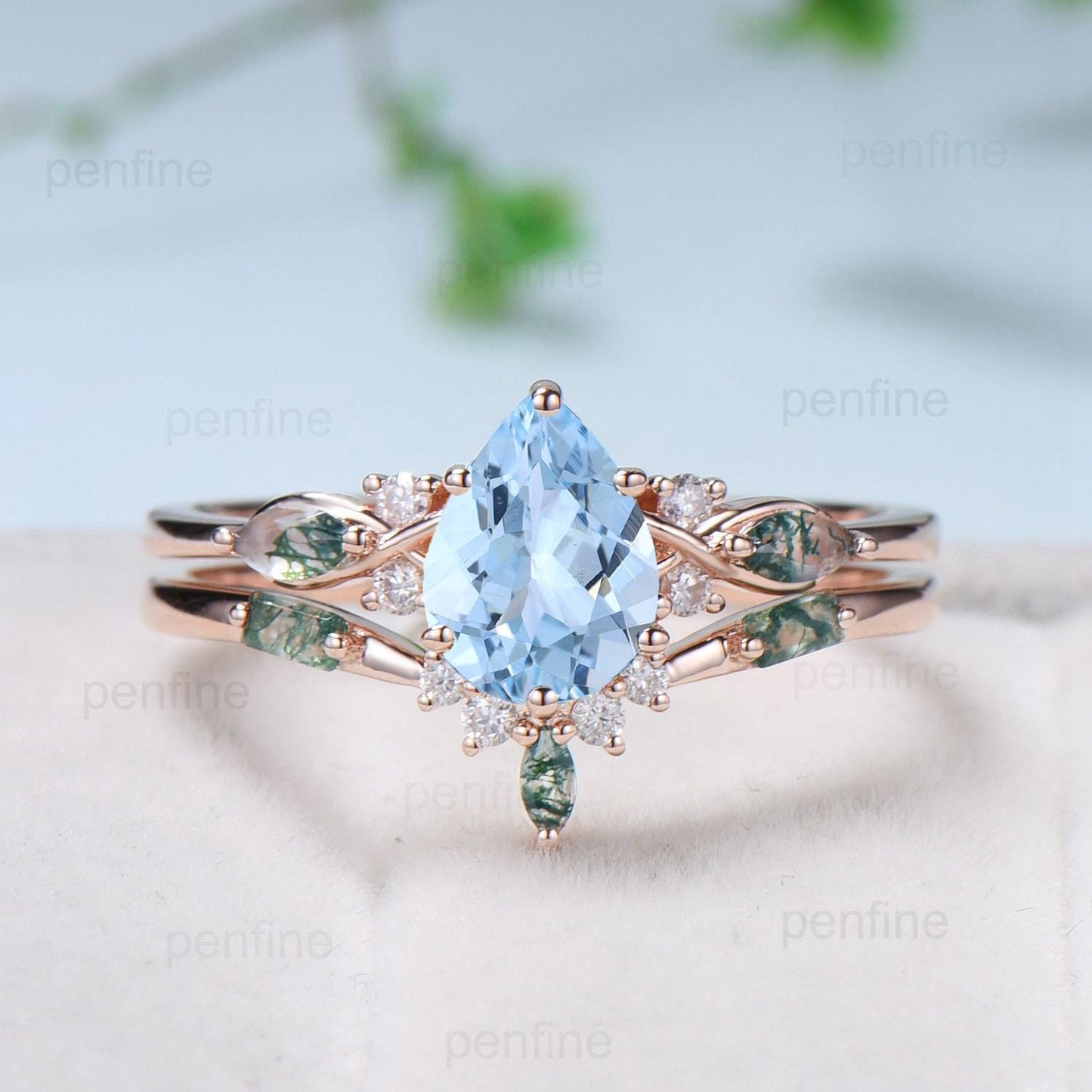 Vintage Pear Shaped Natural Aquamarine Engagement Ring Set Unique 14k Rose Gold Vine Marquise Green Agate Wedding Ring Set Ring for Women