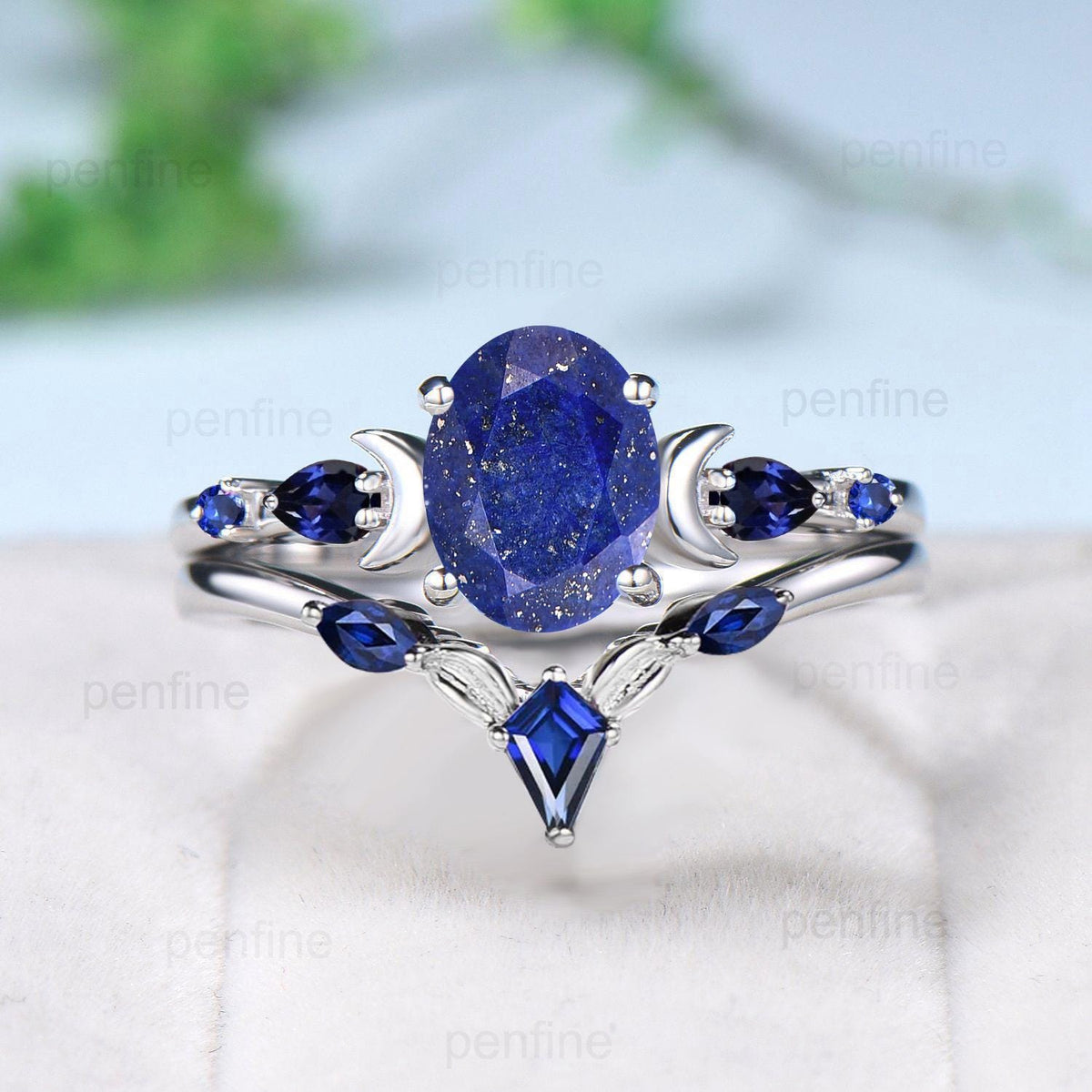 Vintage Moon Design Lapis Lazuli Engagement Ring Set Elegant Cluster pear Sapphire five stone wedding set Blue gemstone promise ring women