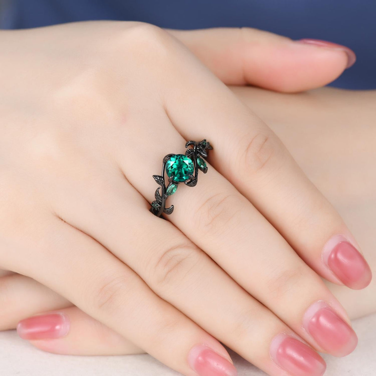 Gothic Couples Emerald Wedding Ring Set: Black Gold Promise Rings
