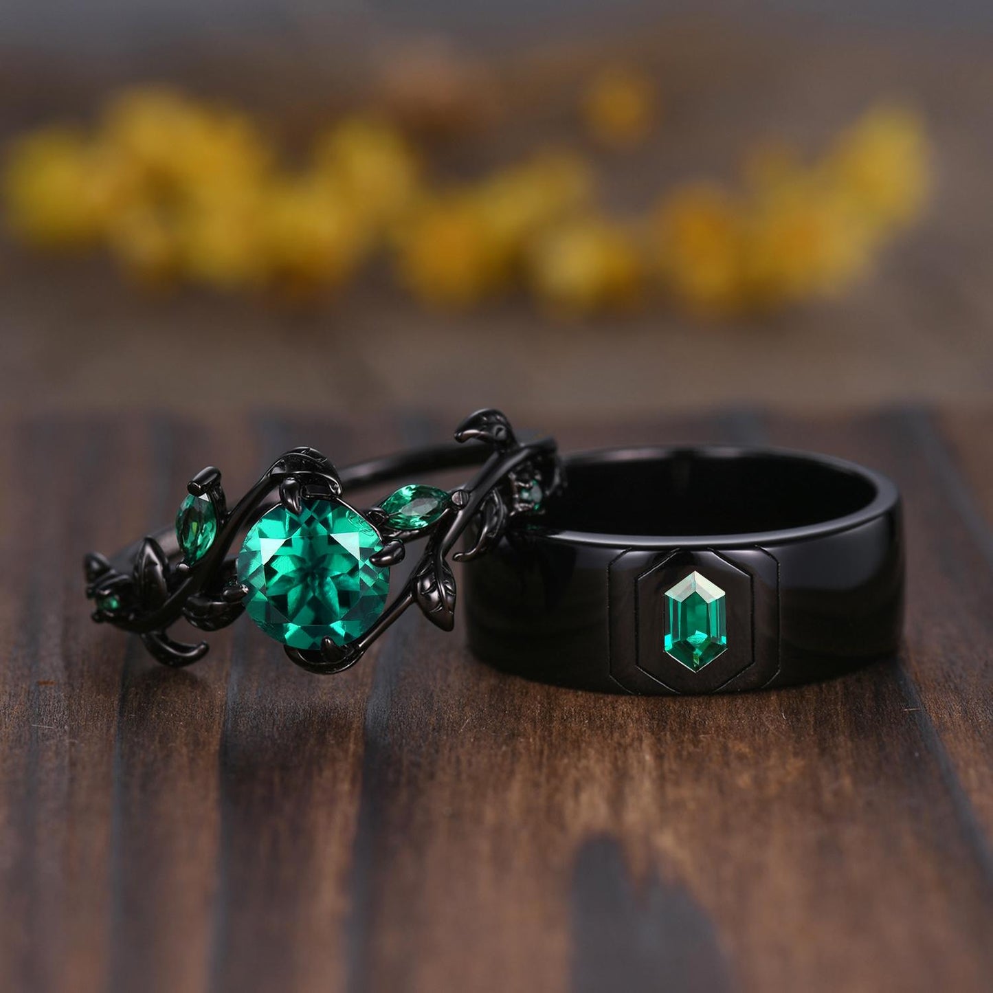 Gothic Couples Emerald Wedding Ring Set: Black Gold Promise Rings