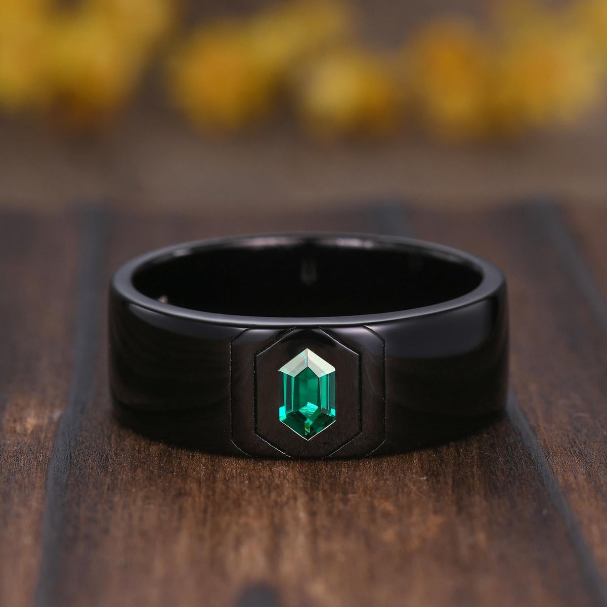 Gothic Couples Emerald Wedding Ring Set: Black Gold Promise Rings
