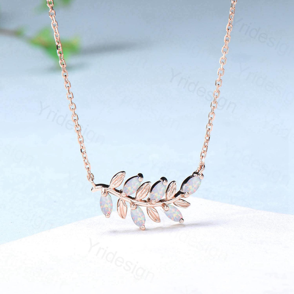 Art Deco White Opal Necklace Unique Marquise Fire Opal Leaves Pendant Necklace Branch Guard Pendant Natural inspired Anniversary gift women