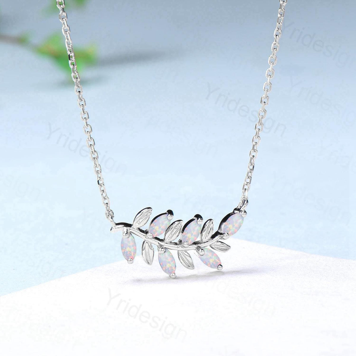 Art Deco White Opal Necklace Unique Marquise Fire Opal Leaves Pendant Necklace Branch Guard Pendant Natural inspired Anniversary gift women