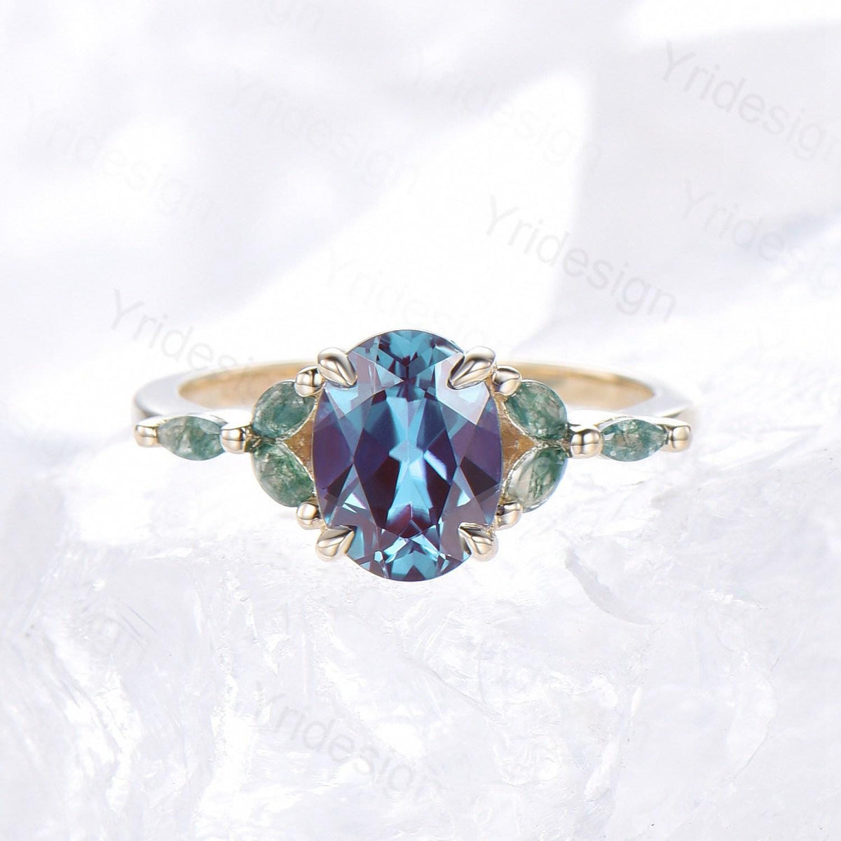 1.5CT Oval Cut Alexandrite Engagement Ring Art Deco Marquise Green Moss Agate Ring Yellow Gold Women Promise Anniversary Gift Bridal Ring