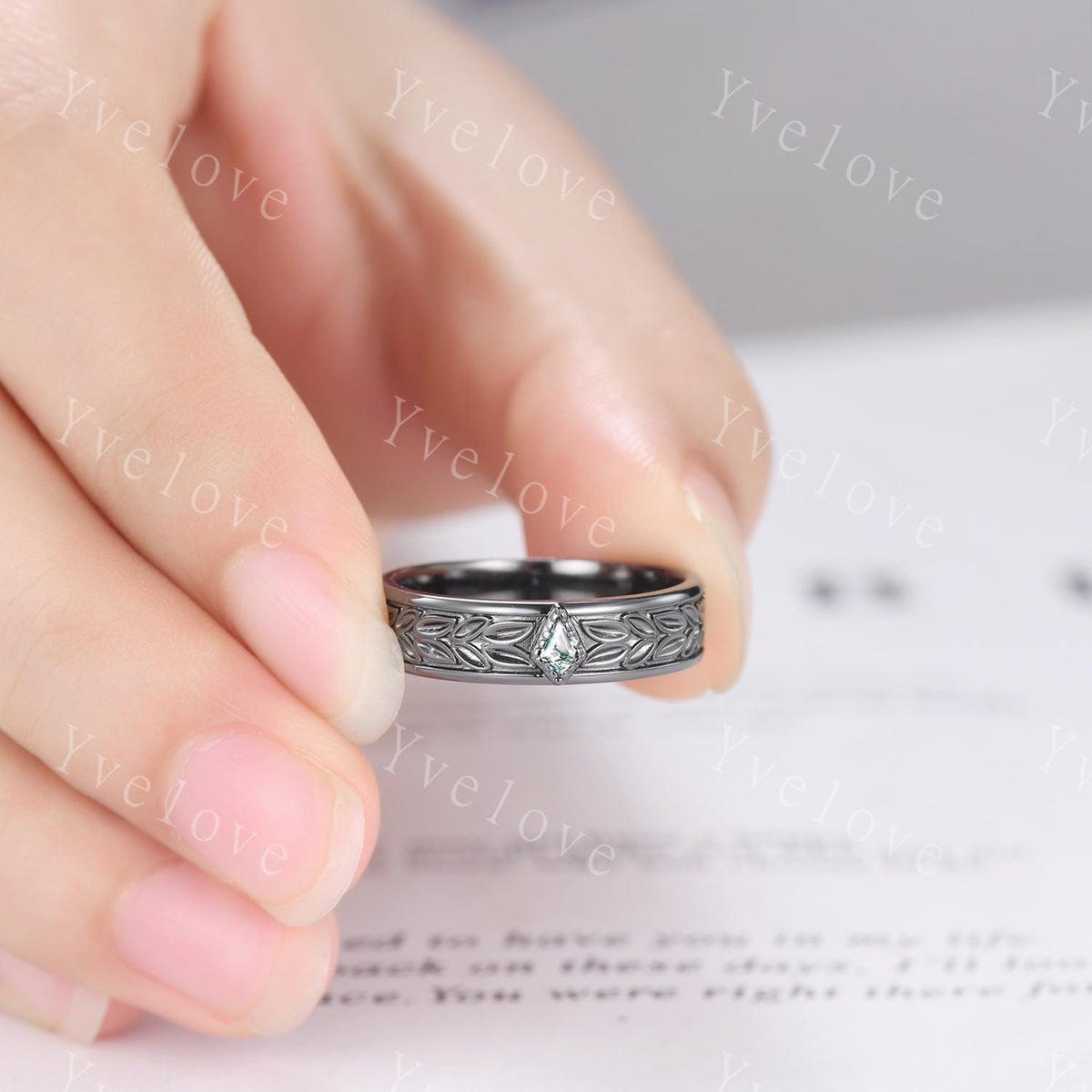 3/4 Eternity Kite Moss Agate Leaf Wedding Band Unisex Silver Black Ring Nature Inspired Promise Bridal Ring Custom Jewelry Rings For Men