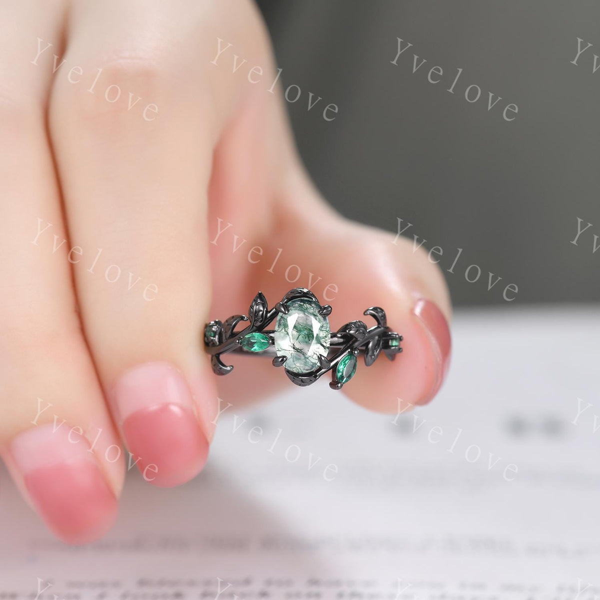 Gothic Oval Cut Moss Agate Engagement Ring,14K Black Gold Leaf Green Emerald Promise Ring Unique Black Rhodium Ring Cluster Bridal Ring Gift