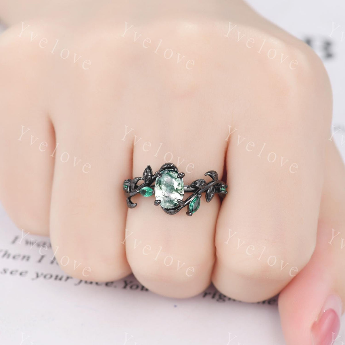 Gothic Oval Cut Moss Agate Engagement Ring,14K Black Gold Leaf Green Emerald Promise Ring Unique Black Rhodium Ring Cluster Bridal Ring Gift