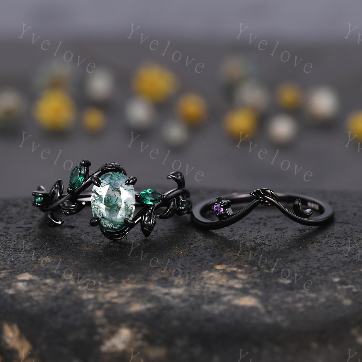 Gothic Oval Cut Moss Agate Engagement Ring,14K Black Gold Leaf Green Emerald Promise Ring Unique Black Rhodium Ring Cluster Bridal Ring Gift