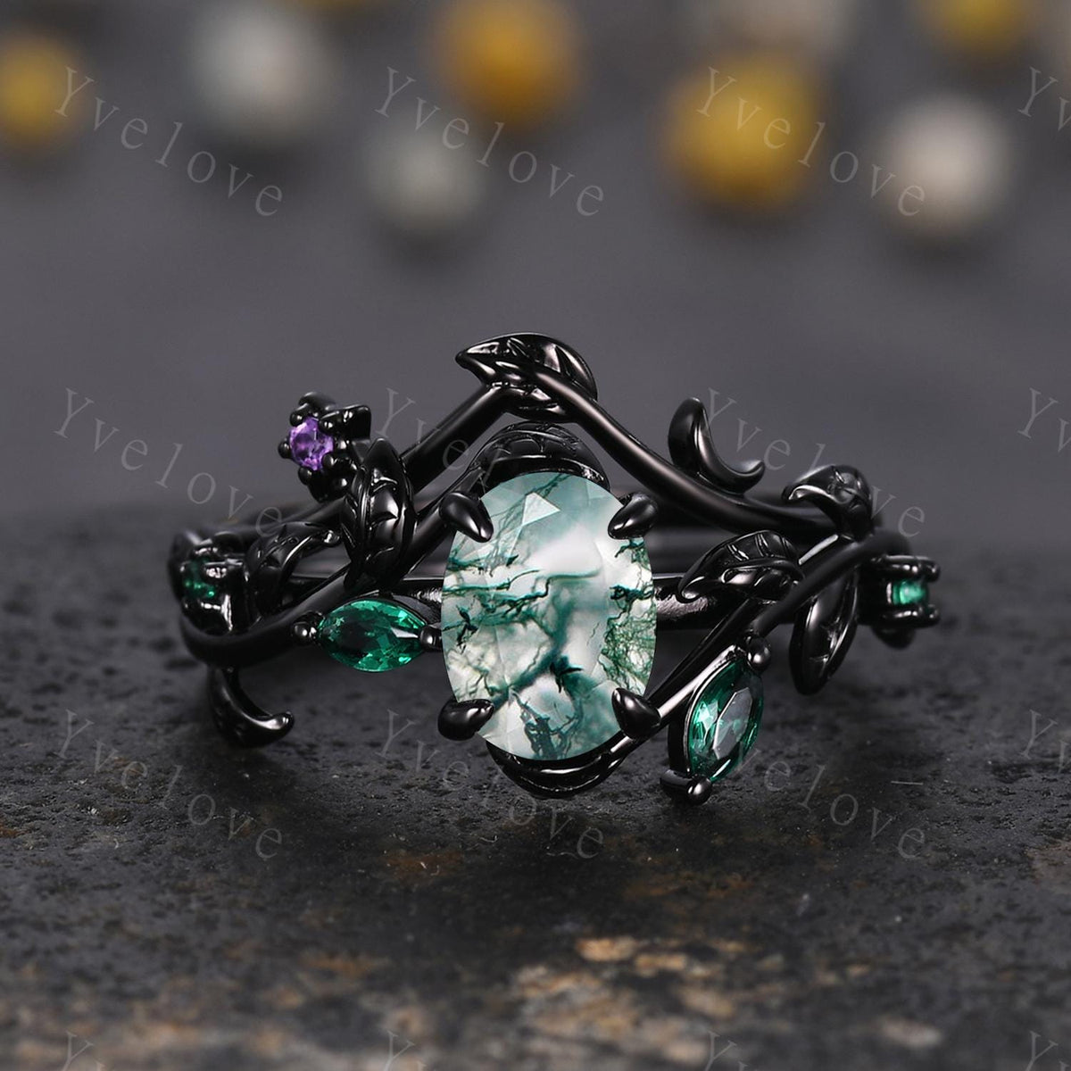 Gothic Oval Cut Moss Agate Engagement Ring,14K Black Gold Leaf Green Emerald Promise Ring Unique Black Rhodium Ring Cluster Bridal Ring Gift