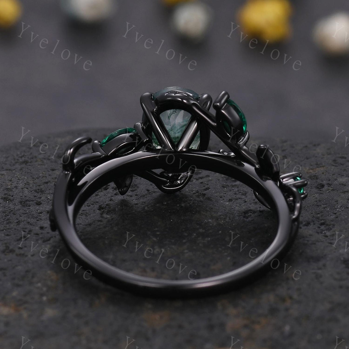 Gothic Oval Cut Moss Agate Engagement Ring,14K Black Gold Leaf Green Emerald Promise Ring Unique Black Rhodium Ring Cluster Bridal Ring Gift