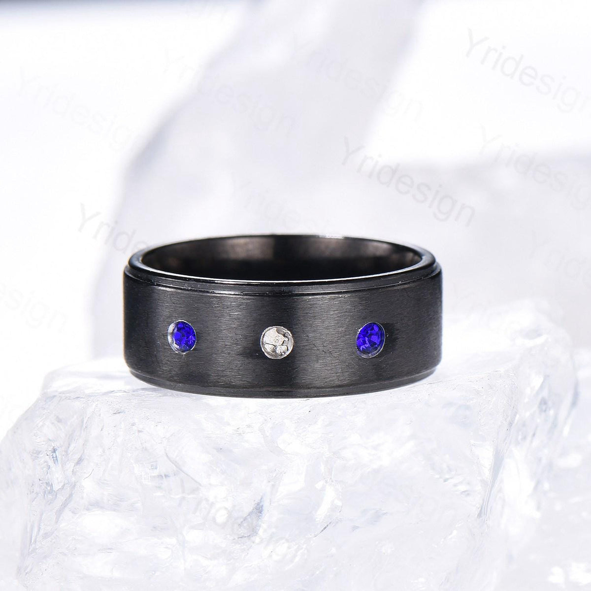 7mm Black Gold Brushed Finish Mens Wedding Band Three Stone Sapphire Men's Wedding Ring Moissanite Stacking Matching Band Retro Vintage Gift