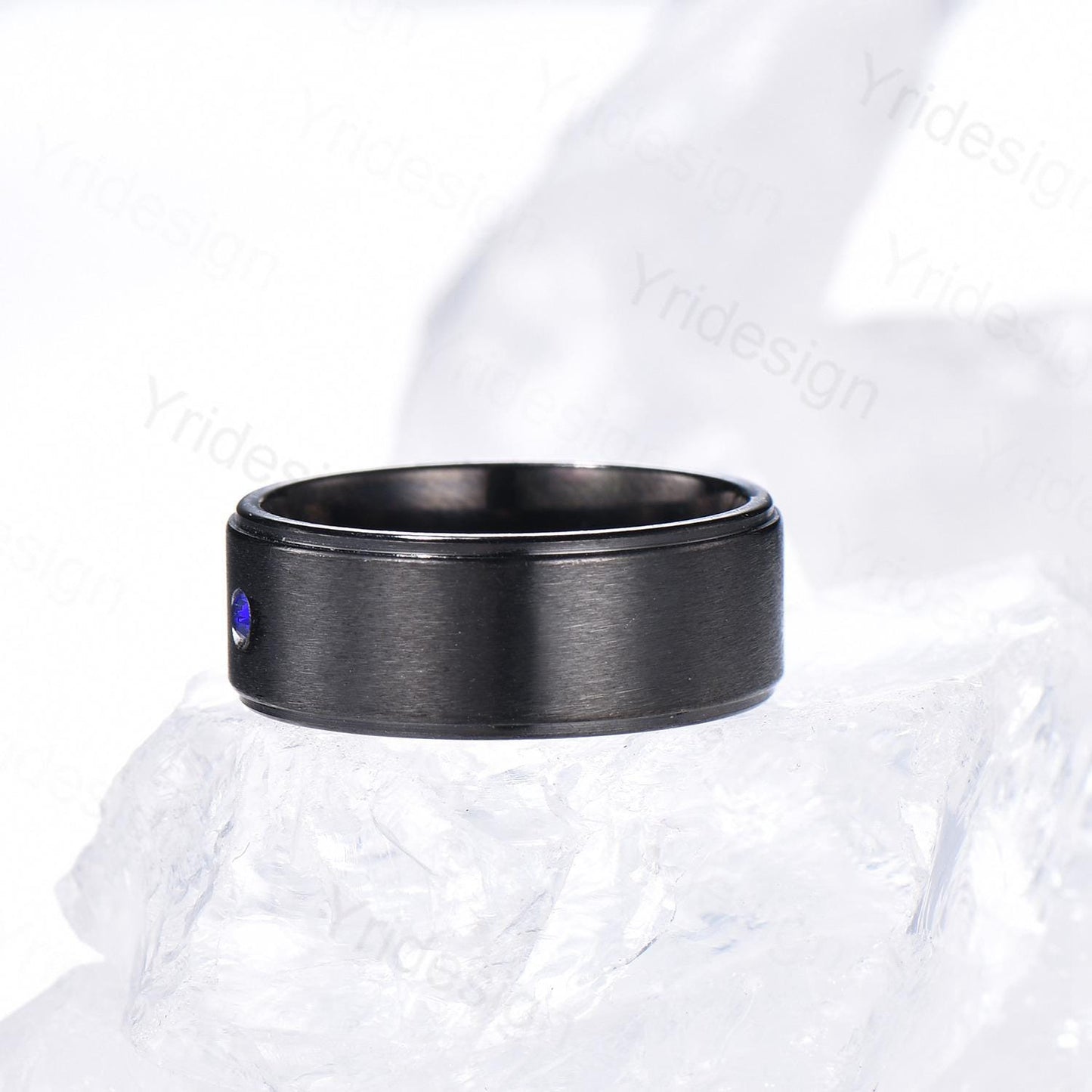 7mm Black Gold Brushed Finish Mens Wedding Band Three Stone Sapphire Men's Wedding Ring Moissanite Stacking Matching Band Retro Vintage Gift