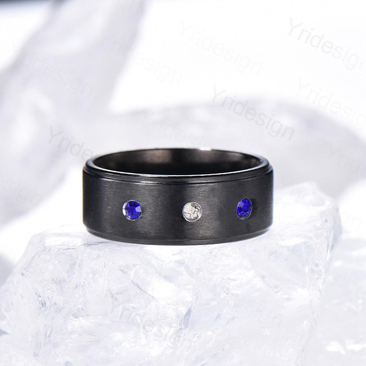 7mm Black Gold Brushed Finish Mens Wedding Band Three Stone Sapphire Men's Wedding Ring Moissanite Stacking Matching Band Retro Vintage Gift