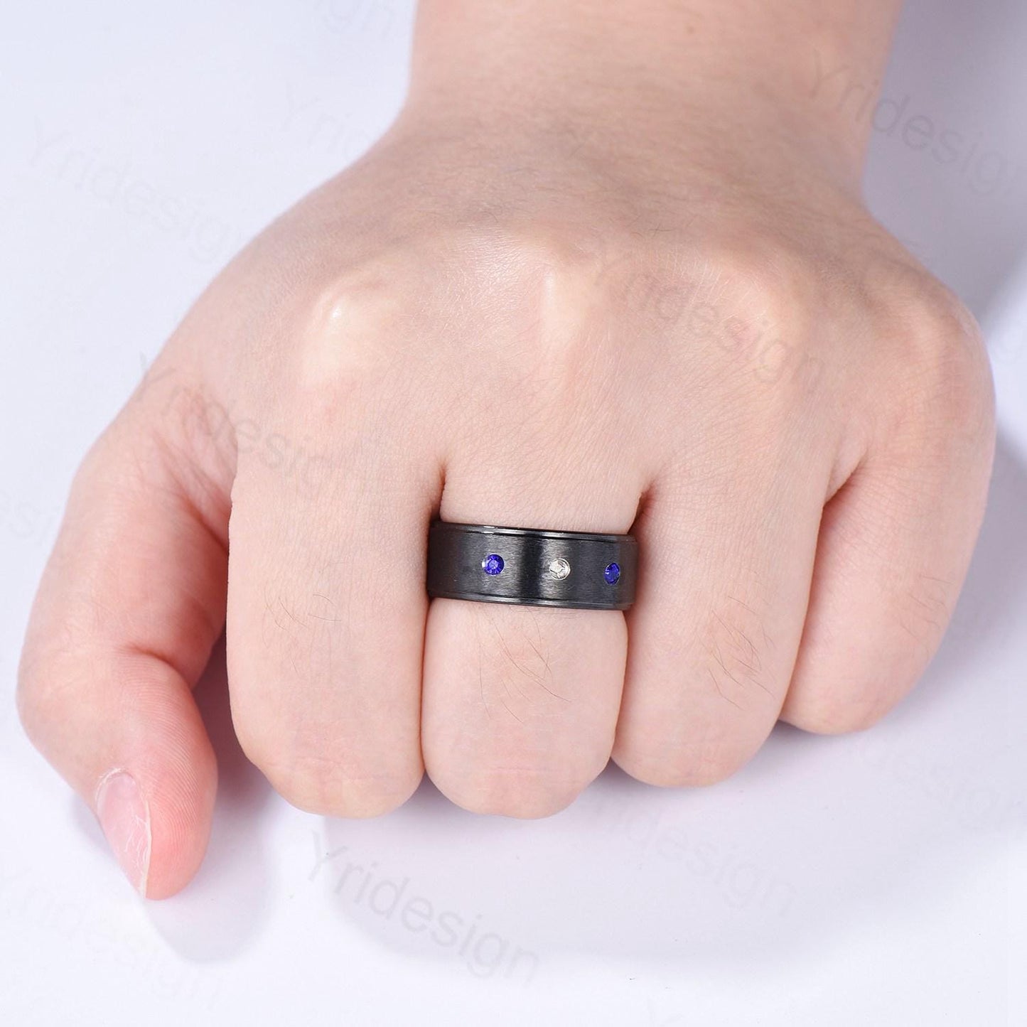 7mm Black Gold Brushed Finish Mens Wedding Band Three Stone Sapphire Men's Wedding Ring Moissanite Stacking Matching Band Retro Vintage Gift