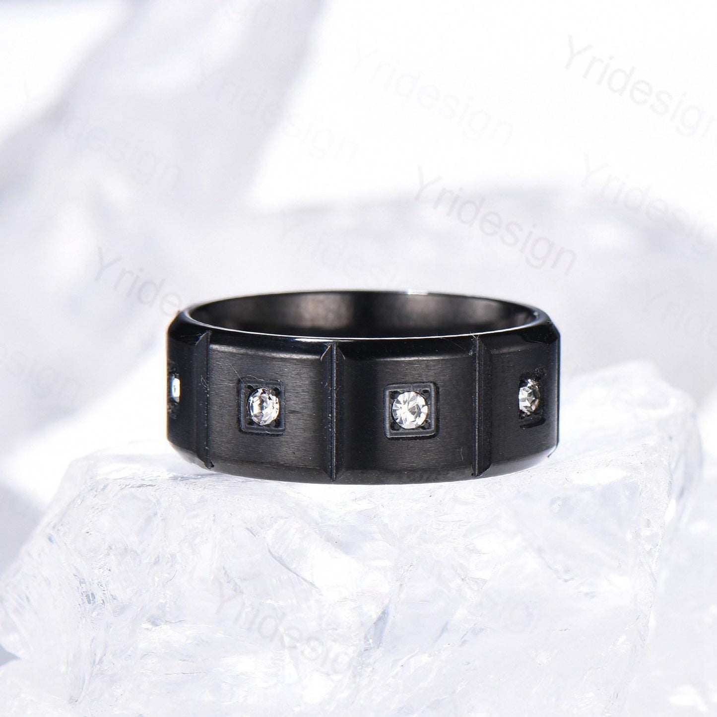 Black Gold Brushed Finish Mens Wedding Band Unisex Frame Moissanite Men's Wedding Ring Anniversary Stacking Matching Band Promise Gift