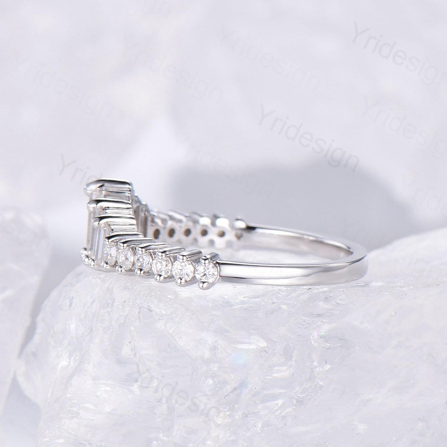 Baguette cut moissanite wedding band white gold platinum Diamond Anniversary Gift For Women, Matching Stacking Ring,Art Deco Promise Band