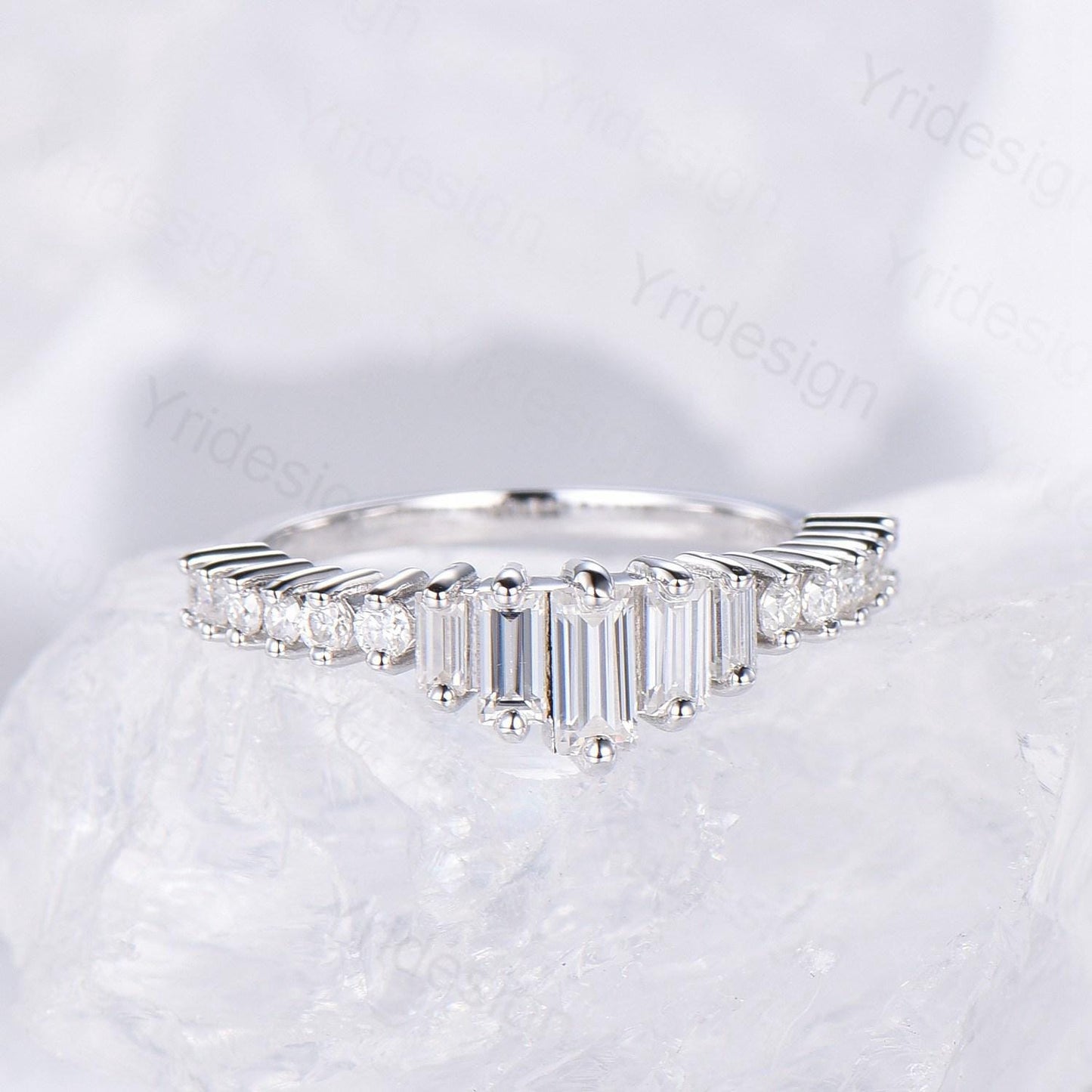 Baguette cut moissanite wedding band white gold platinum Diamond Anniversary Gift For Women, Matching Stacking Ring,Art Deco Promise Band
