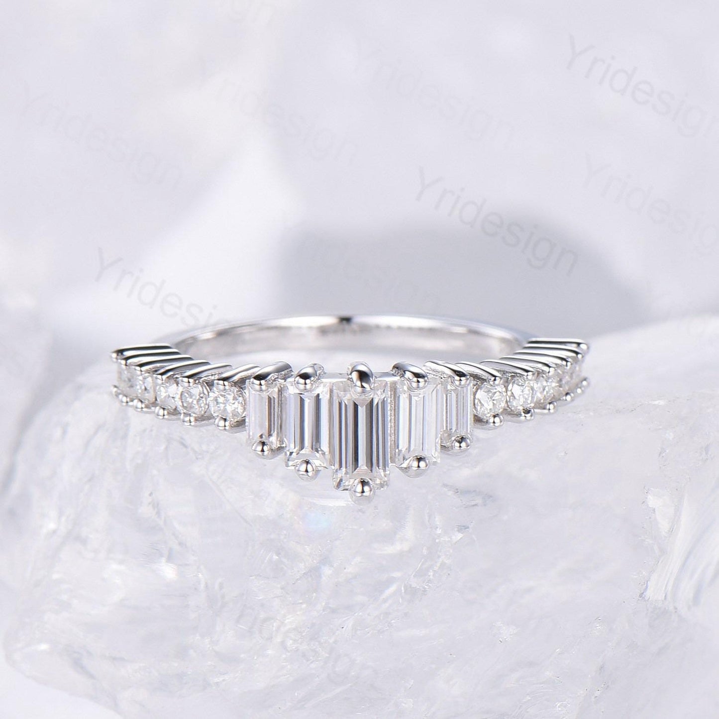Baguette cut moissanite wedding band white gold platinum Diamond Anniversary Gift For Women, Matching Stacking Ring,Art Deco Promise Band