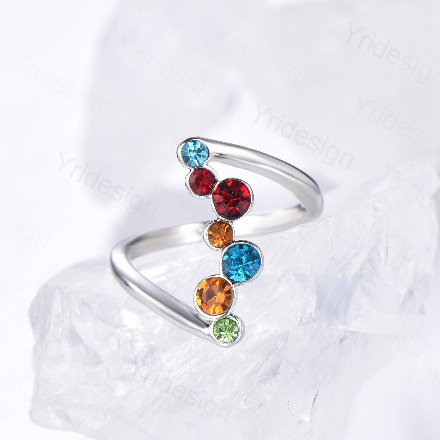Unique multi-stone blue wedding engagement ring, Garnet/Citrine/ Swiss topaz/Emerald stacking wedding band ring, Anniversary Promise Gift