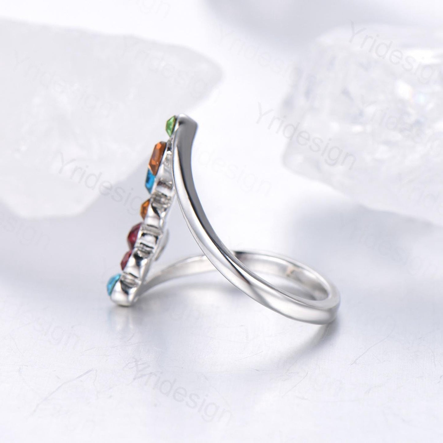 Unique multi-stone blue wedding engagement ring, Garnet/Citrine/ Swiss topaz/Emerald stacking wedding band ring, Anniversary Promise Gift