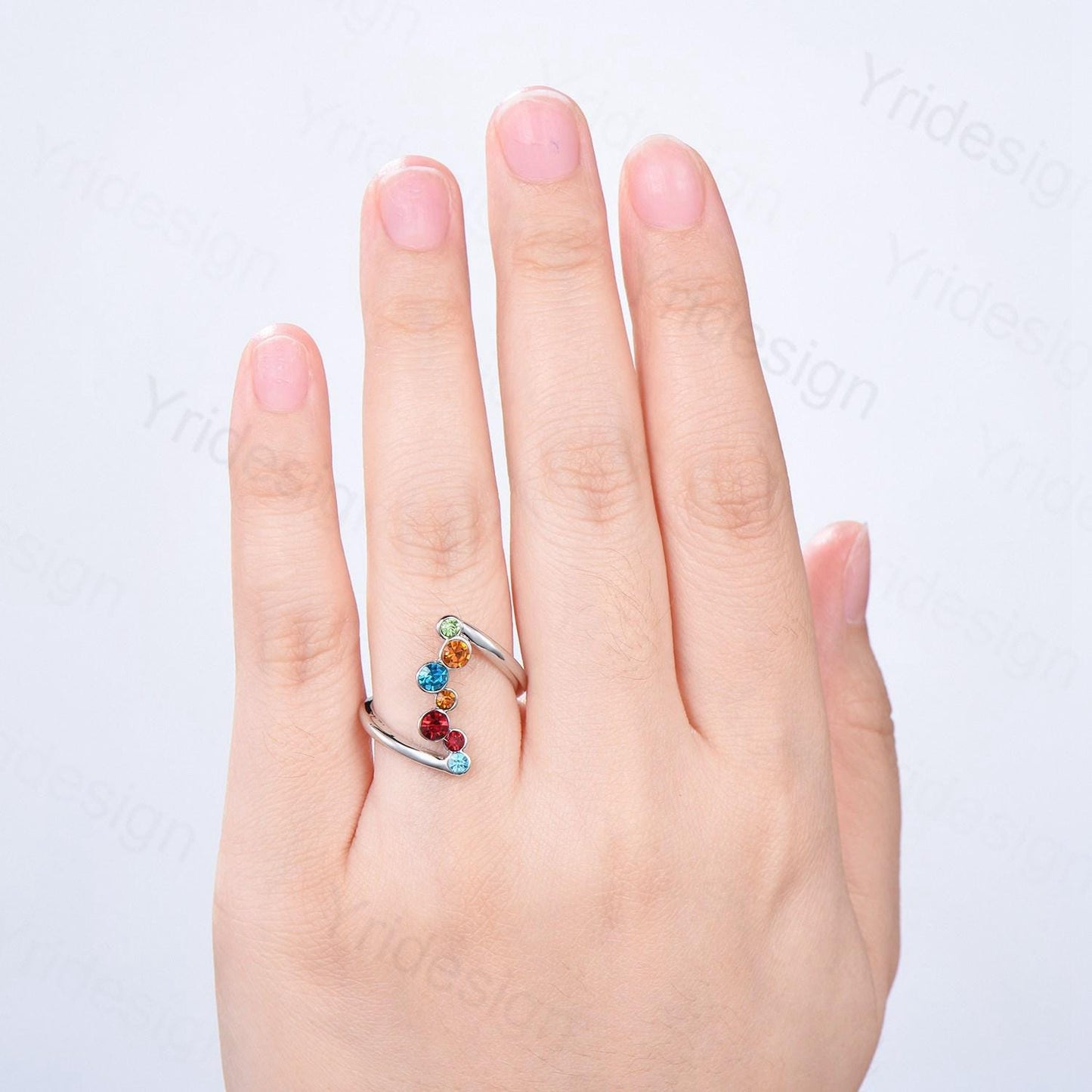 Unique multi-stone blue wedding engagement ring, Garnet/Citrine/ Swiss topaz/Emerald stacking wedding band ring, Anniversary Promise Gift