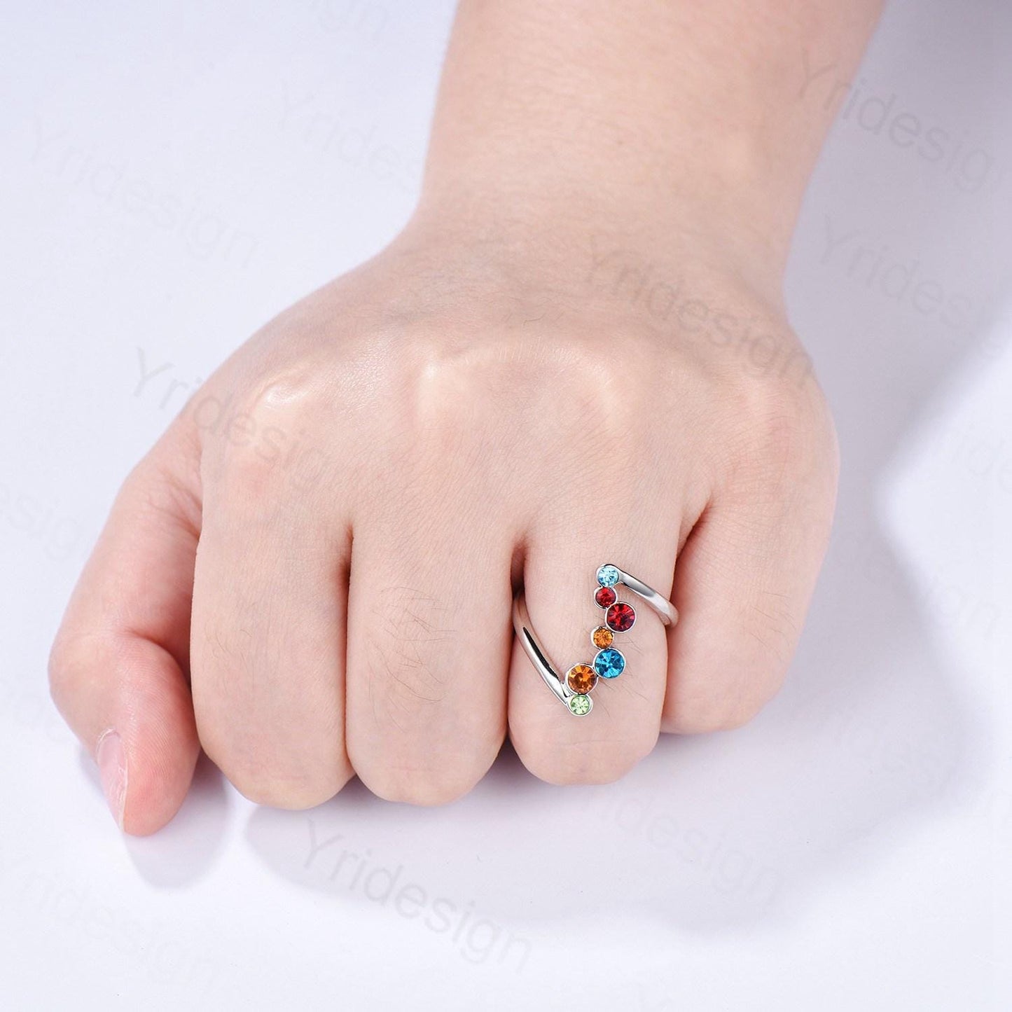 Unique multi-stone blue wedding engagement ring, Garnet/Citrine/ Swiss topaz/Emerald stacking wedding band ring, Anniversary Promise Gift