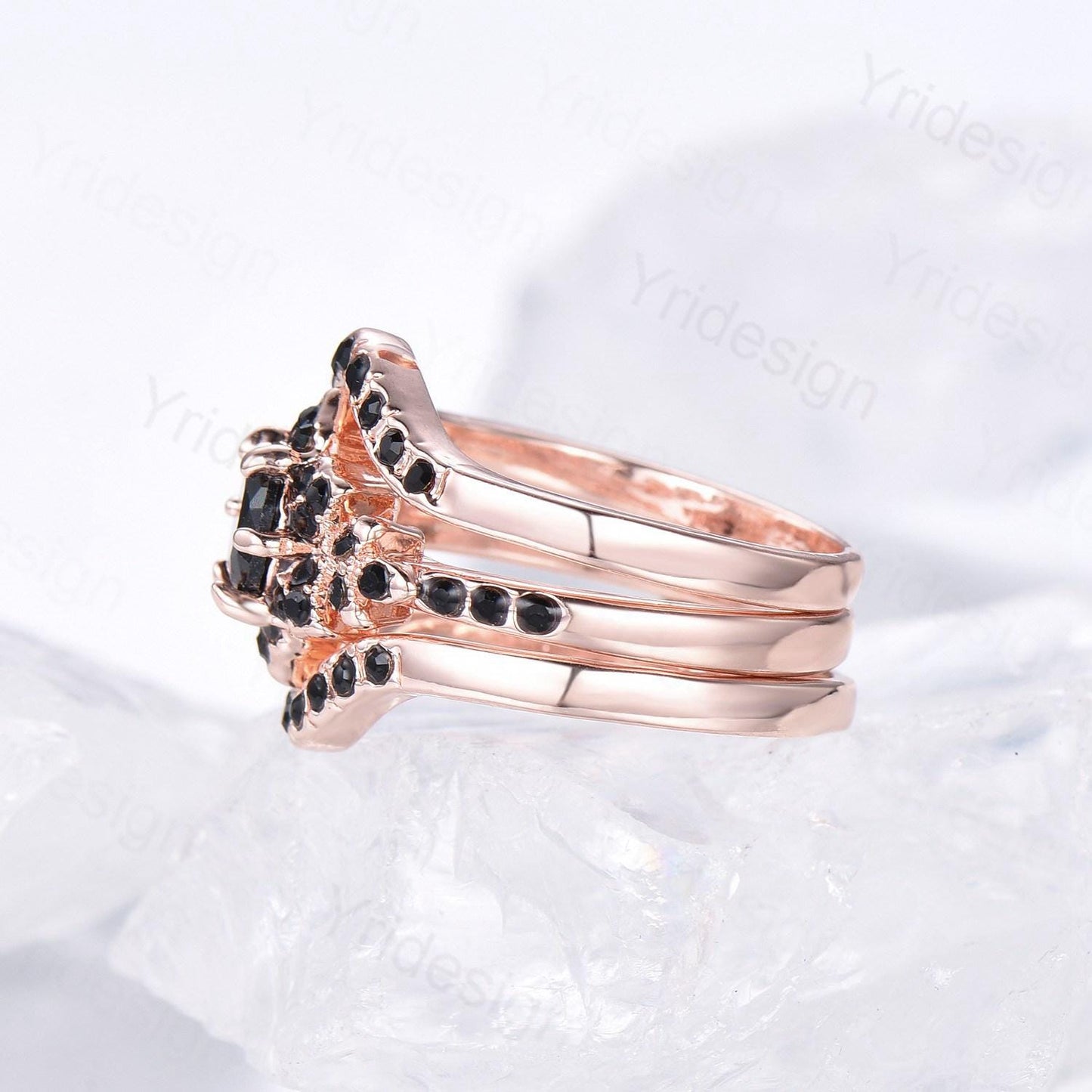 Floral Lotus Black Onyx Engagement Ring Set 3pcs Cluster Black Spinel Wedding Ring Set Unique Black Stone Anniversary Gift Women Bridal Set