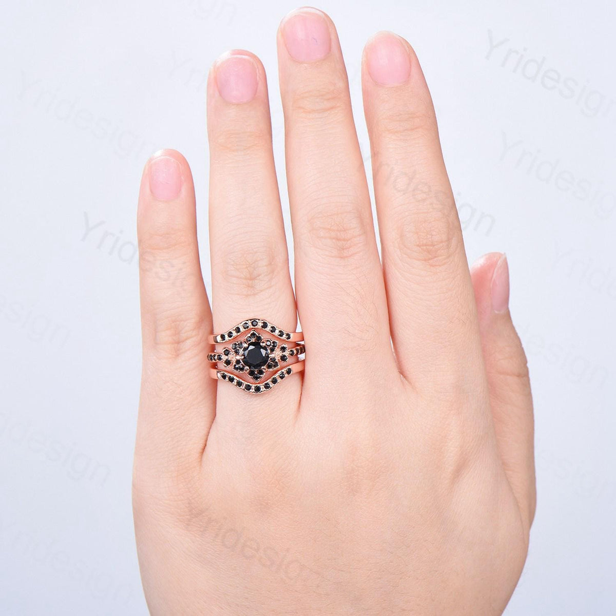 Floral Lotus Black Onyx Engagement Ring Set 3pcs Cluster Black Spinel Wedding Ring Set Unique Black Stone Anniversary Gift Women Bridal Set