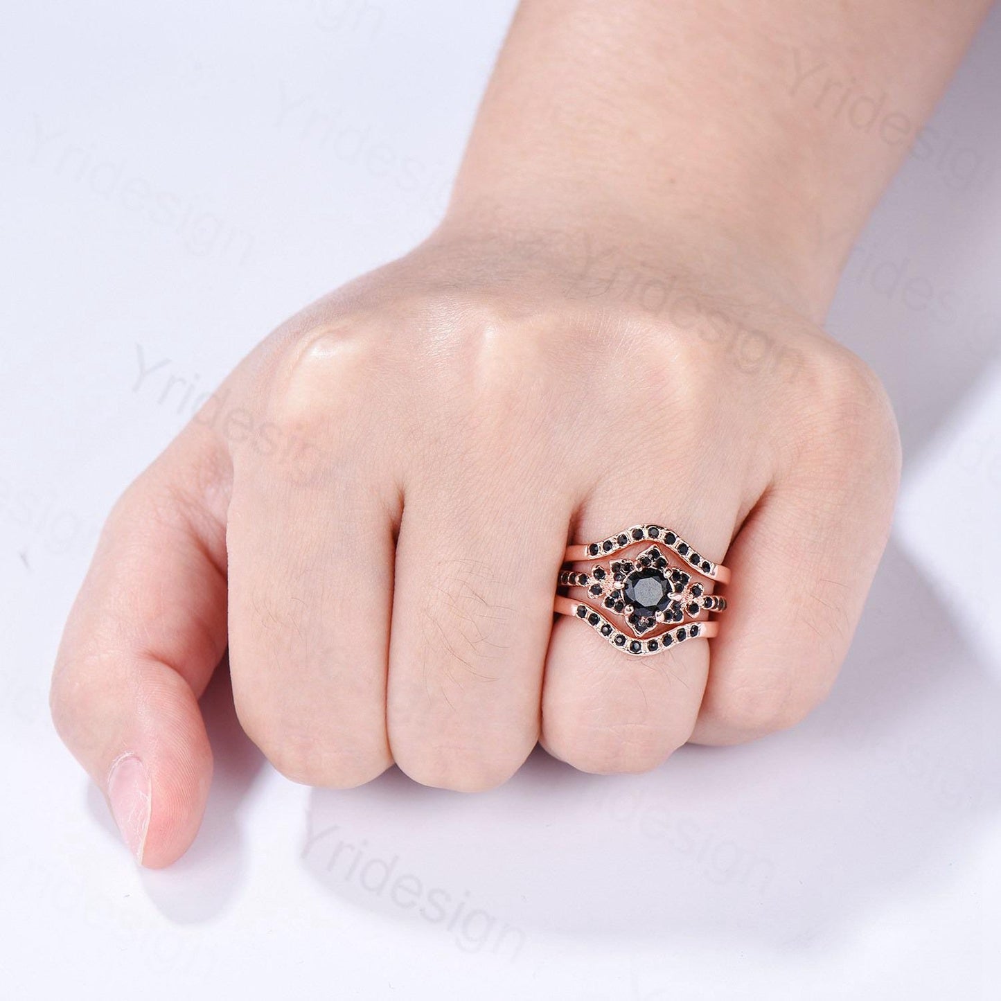 Floral Lotus Black Onyx Engagement Ring Set 3pcs Cluster Black Spinel Wedding Ring Set Unique Black Stone Anniversary Gift Women Bridal Set