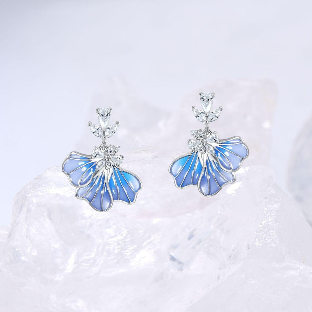 Dainty fire blue iris earrings unique enamel stud earrings silver white gold art deco pendant necklace Handmade Proposal Gift