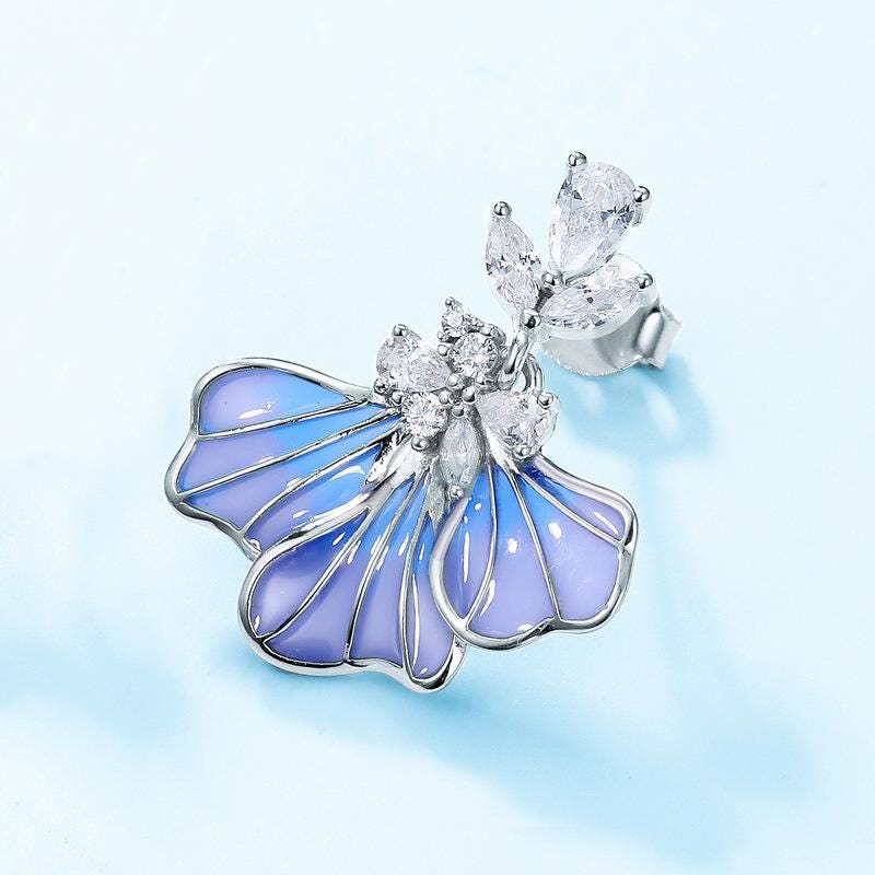 Dainty fire blue iris earrings unique enamel stud earrings silver white gold art deco pendant necklace Handmade Proposal Gift