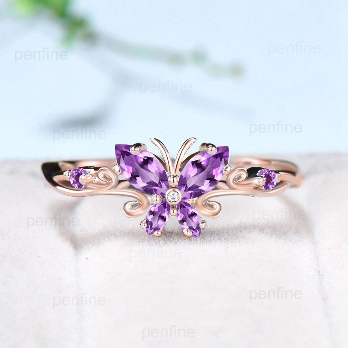 Unique Butterfly wedding ring vintage marquise amethyst engagement ring purple crystal silver white gold custom anniversary gift  for women