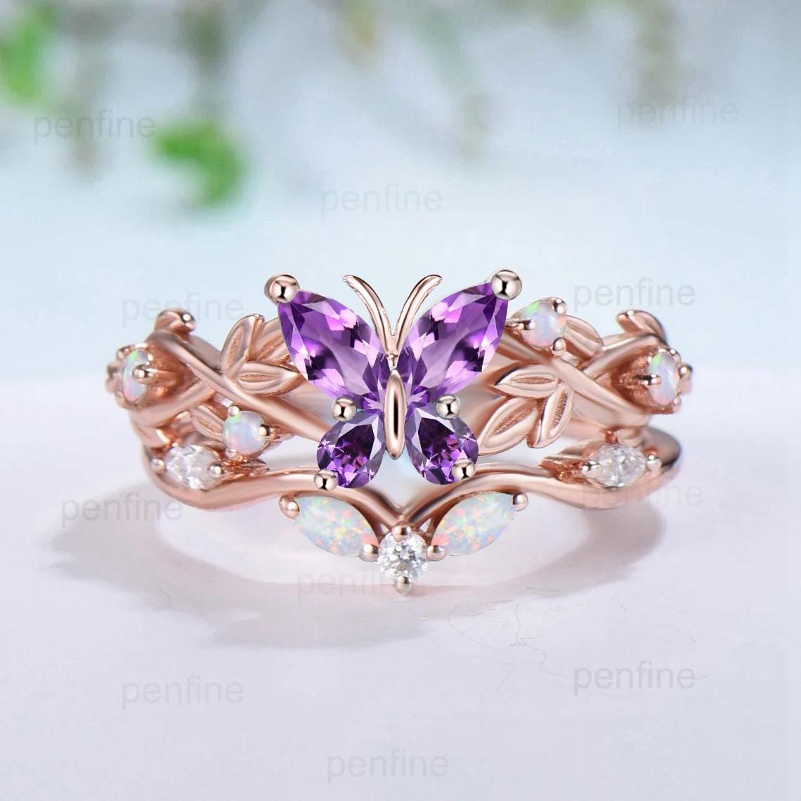 Nature inspired amethyst engagement ring set Twig leaf vine butterfly wedding set rose gold opal moissanite stacking bridal ring set women
