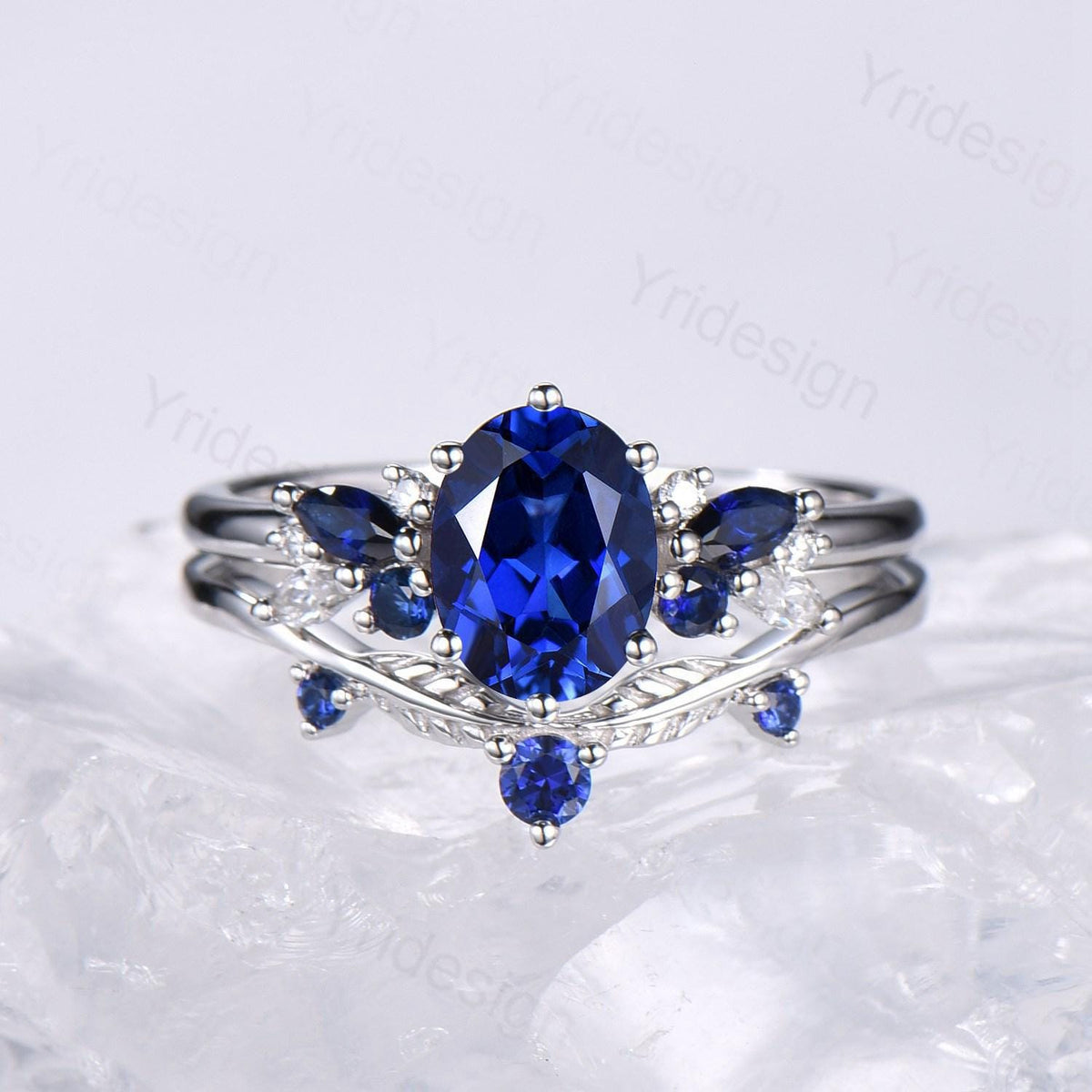 Vintage Sapphire Engagement Ring Set, 10K 14K 18K Solid White Gold Blue Sapphire Wedding Set, Leaf Stacking Band Bridal Promise Rings Set