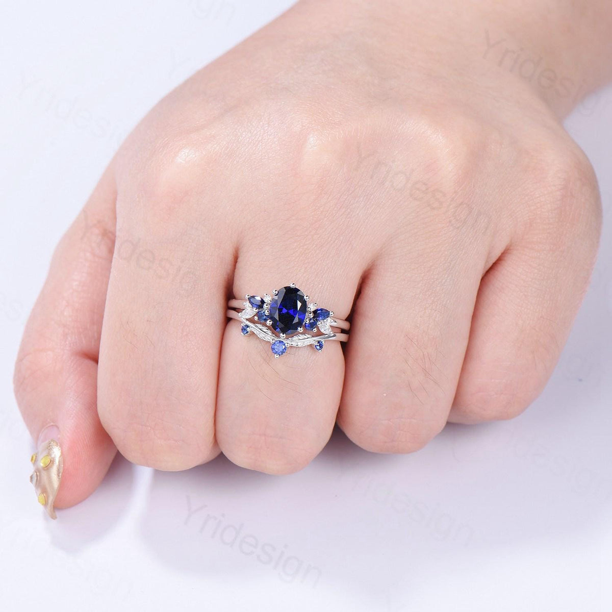 Vintage Sapphire Engagement Ring Set, 10K 14K 18K Solid White Gold Blue Sapphire Wedding Set, Leaf Stacking Band Bridal Promise Rings Set