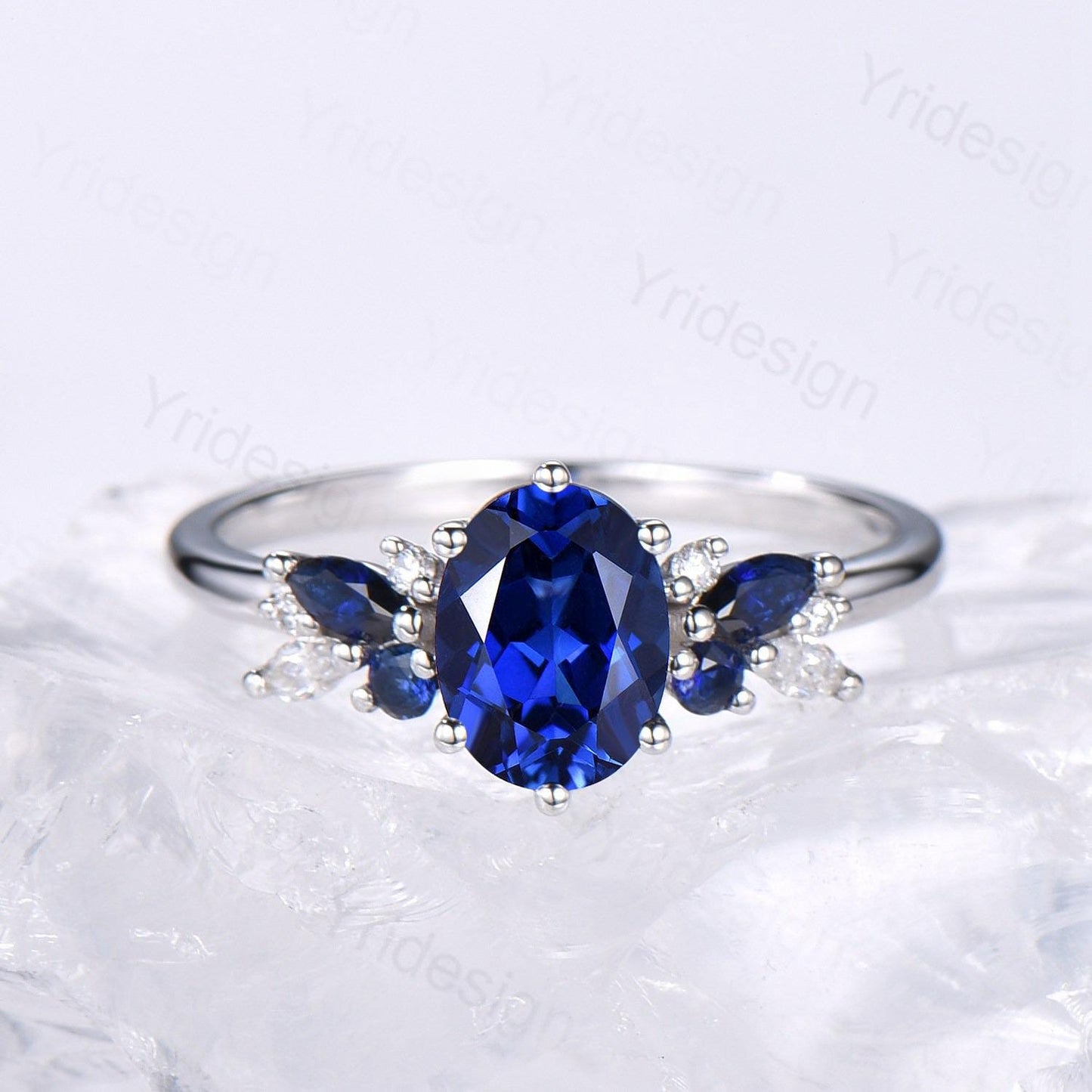 Vintage Sapphire Engagement Ring Set, 10K 14K 18K Solid White Gold Blue Sapphire Wedding Set, Leaf Stacking Band Bridal Promise Rings Set