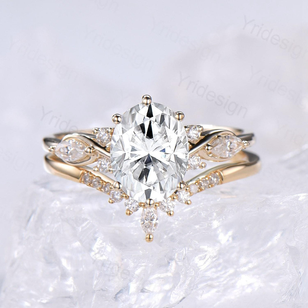 2 Carat oval cut Moissanite Engagement Ring Set, Solid 14K yellow gold VS-D flawless moissanite ring women, Vintage seven stone bridal set