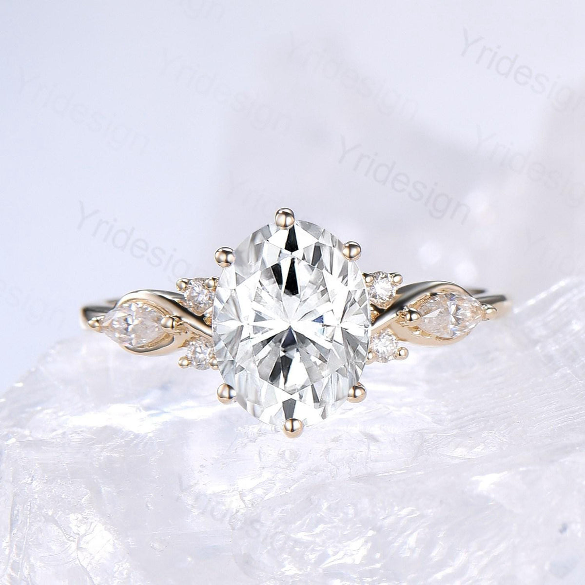 2 Carat oval cut Moissanite Engagement Ring Set, Solid 14K yellow gold VS-D flawless moissanite ring women, Vintage seven stone bridal set