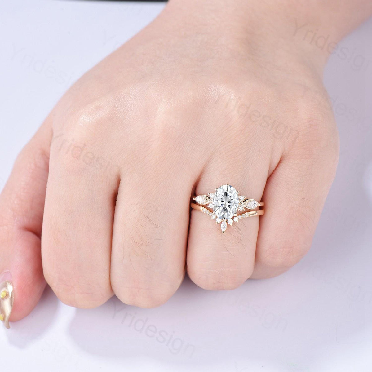 2 Carat oval cut Moissanite Engagement Ring Set, Solid 14K yellow gold VS-D flawless moissanite ring women, Vintage seven stone bridal set