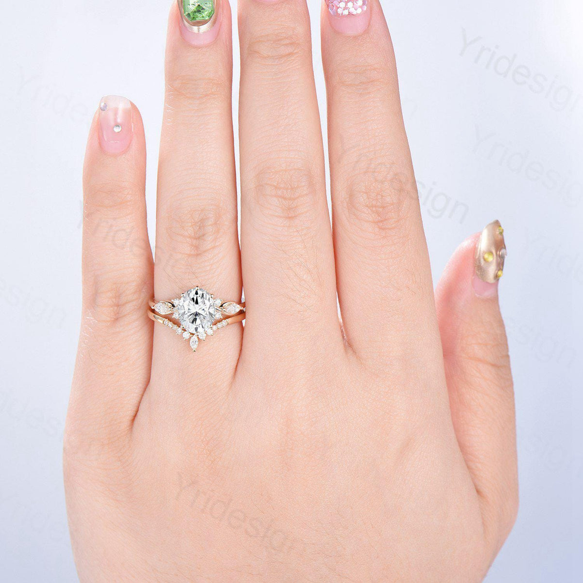 2 Carat oval cut Moissanite Engagement Ring Set, Solid 14K yellow gold VS-D flawless moissanite ring women, Vintage seven stone bridal set