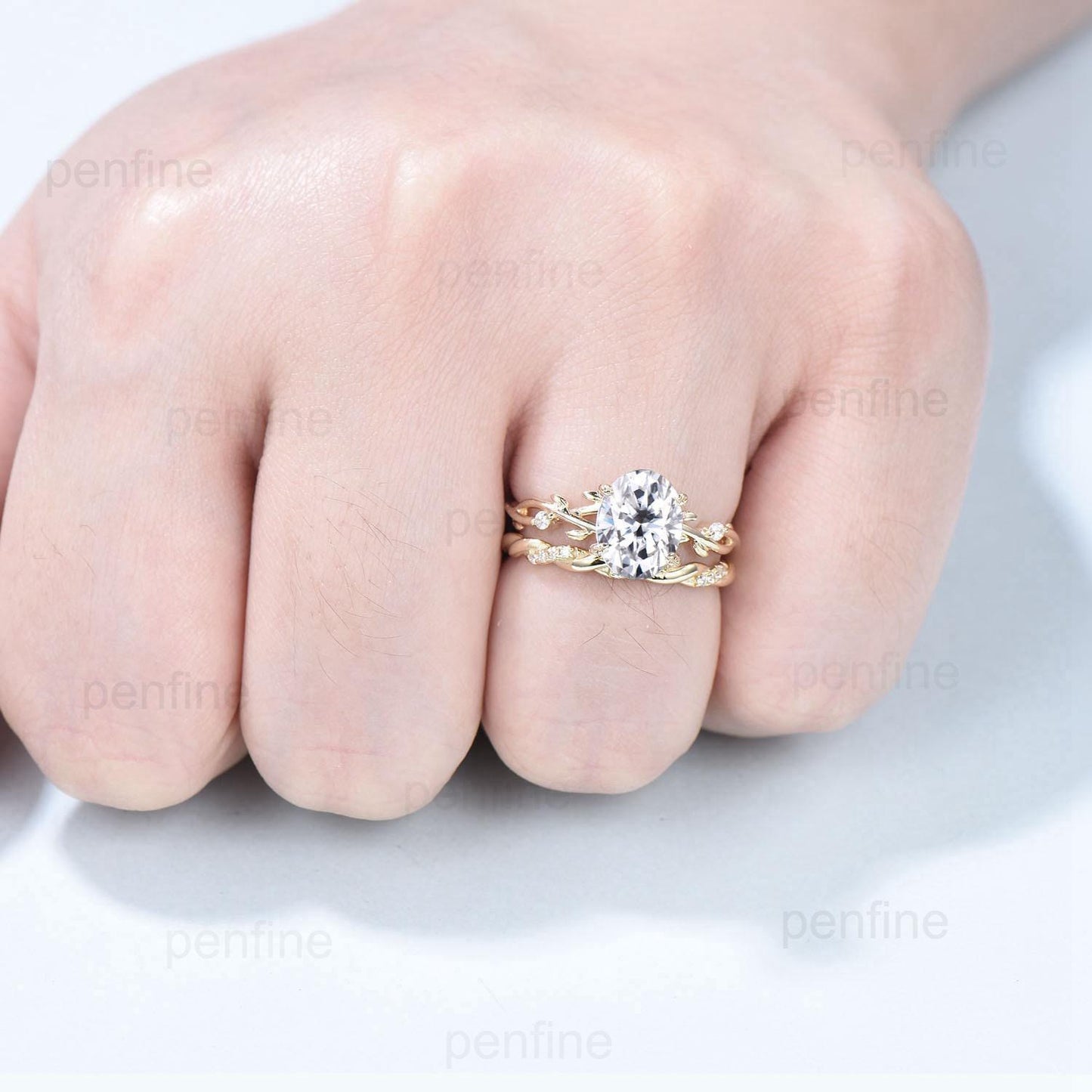 Leaves Prong oval moissanite engagement ring set, twig lab grown diamond wedding ring set,14k yellow gold salt and pepper diamond bridal set