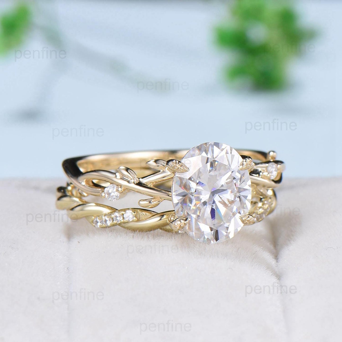 Leaves Prong oval moissanite engagement ring set, twig lab grown diamond wedding ring set,14k yellow gold salt and pepper diamond bridal set