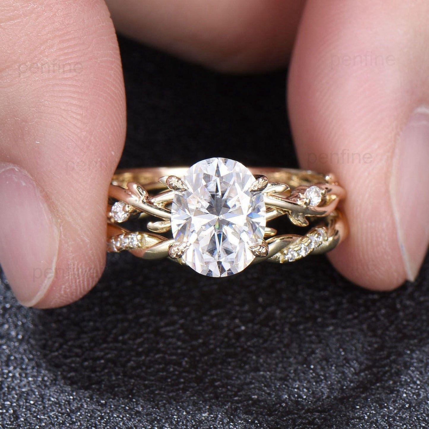 Leaves Prong oval moissanite engagement ring set, twig lab grown diamond wedding ring set,14k yellow gold salt and pepper diamond bridal set