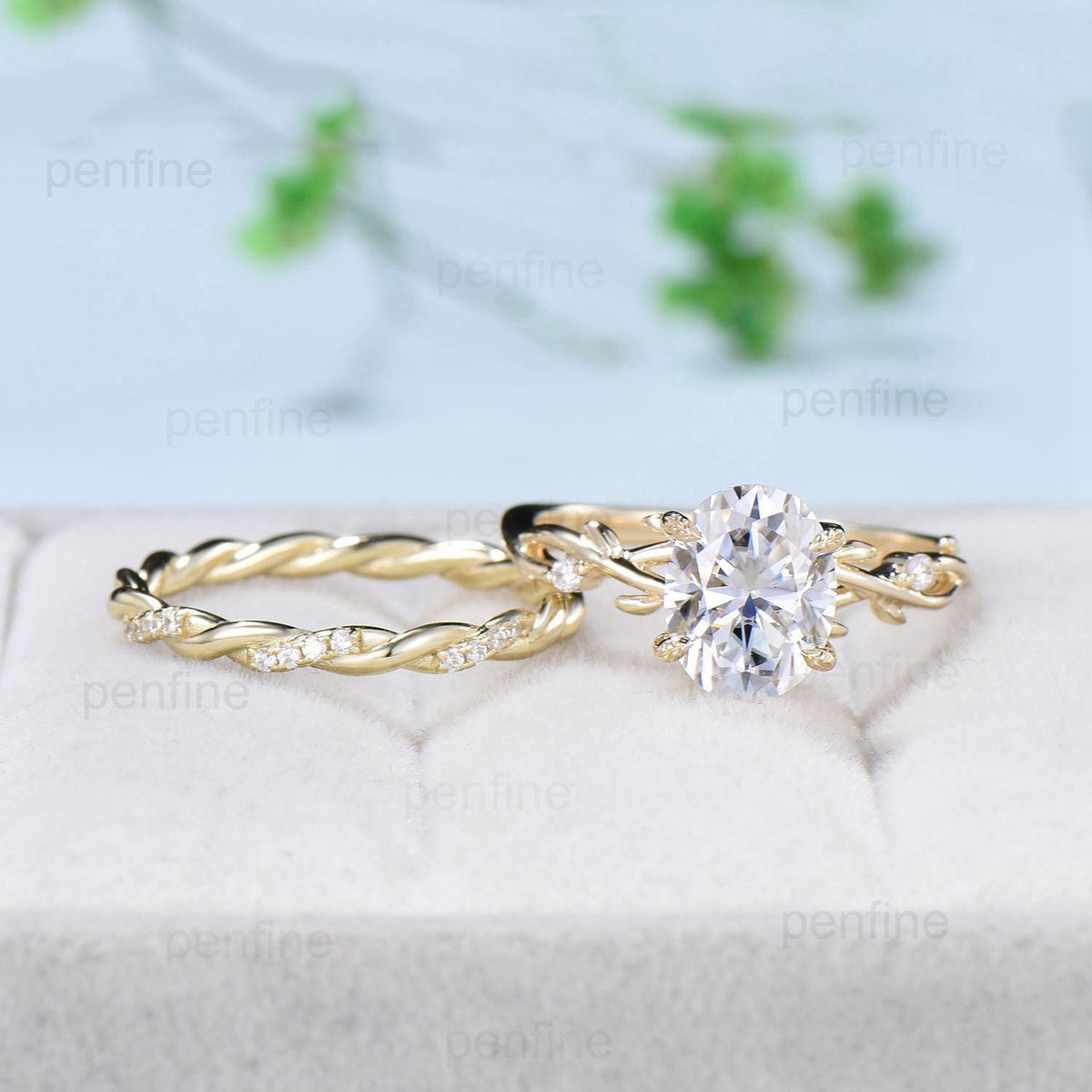 Leaves Prong oval moissanite engagement ring set, twig lab grown diamond wedding ring set,14k yellow gold salt and pepper diamond bridal set
