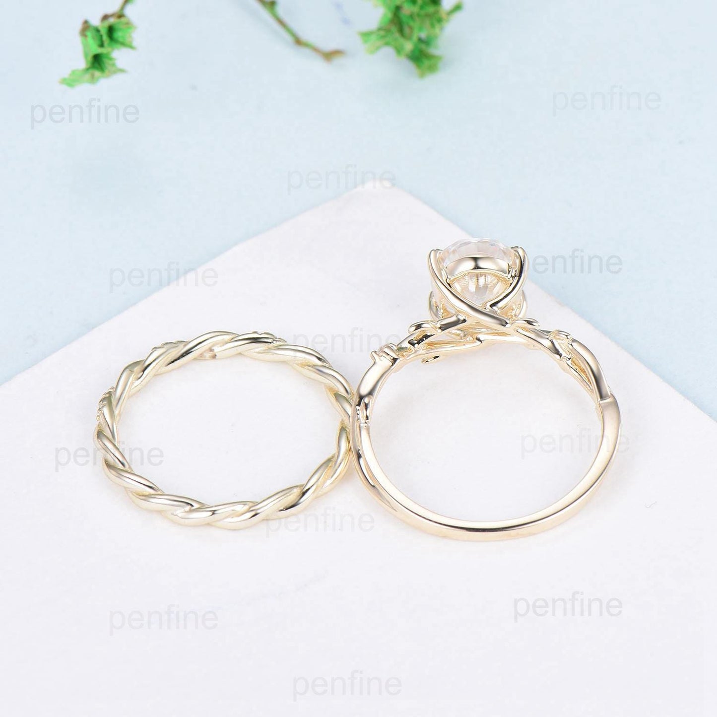Leaves Prong oval moissanite engagement ring set, twig lab grown diamond wedding ring set,14k yellow gold salt and pepper diamond bridal set