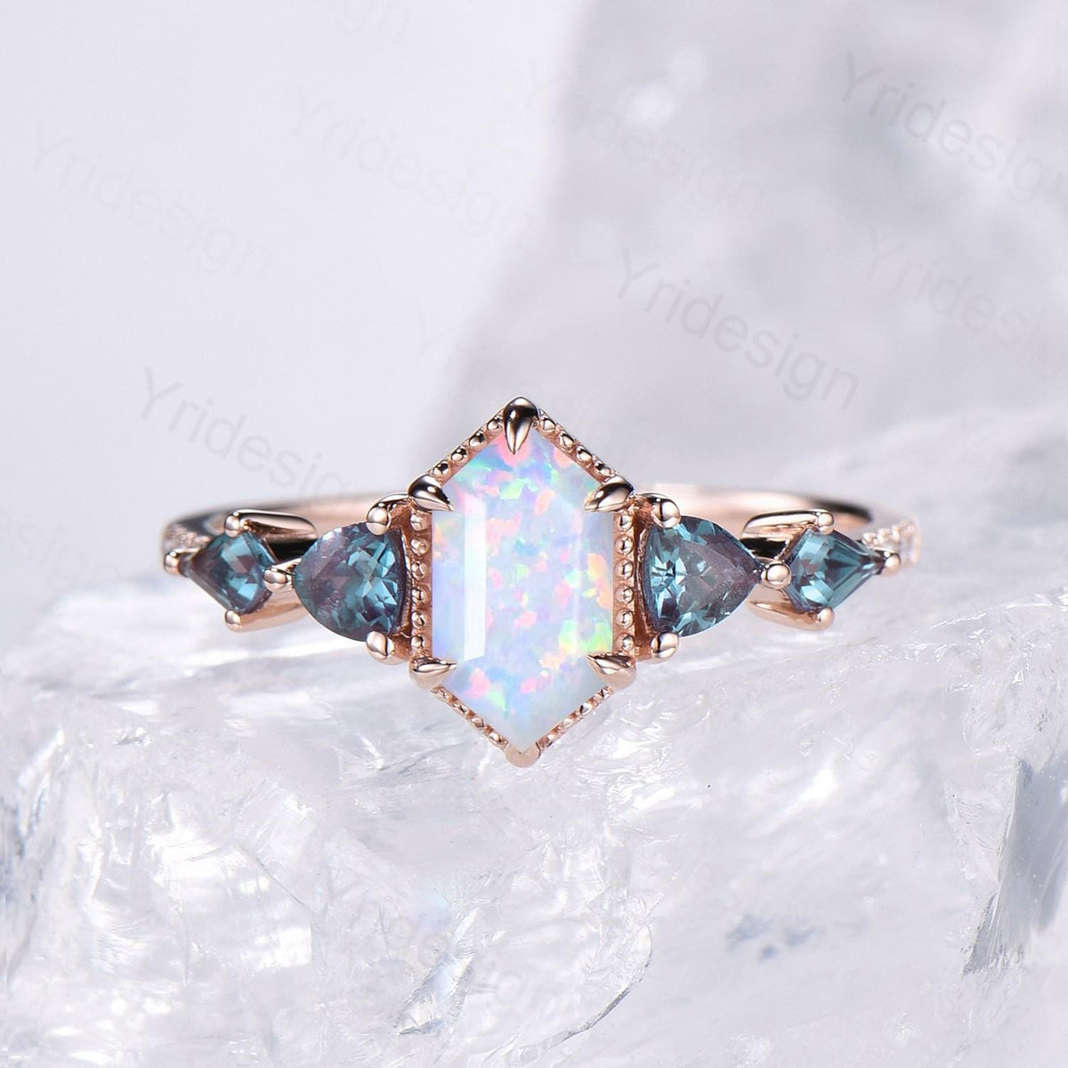 Vintage long hexagon opal engagement ring rose gold triangle kite alexandrite  fire opal wedding ring rose gold October birthstone ring gift