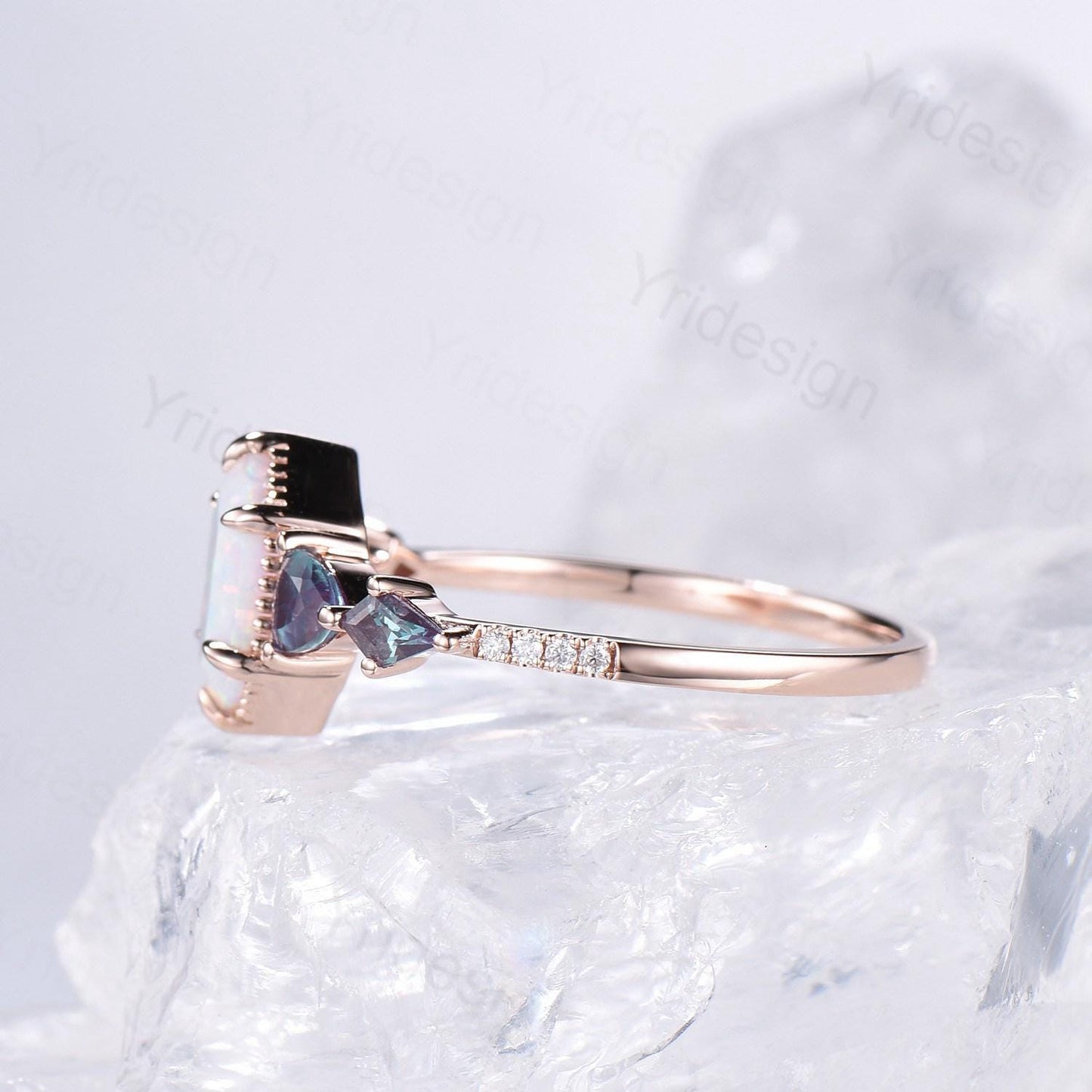 Vintage long hexagon opal engagement ring rose gold triangle kite alexandrite  fire opal wedding ring rose gold October birthstone ring gift