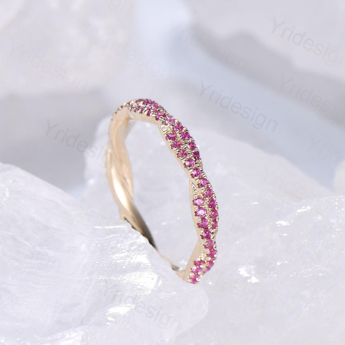 Solid 14k yellow gold ruby wedding band, twisted shape full eternity ruby wedding ring, retro stackable band engagement anniversary gift