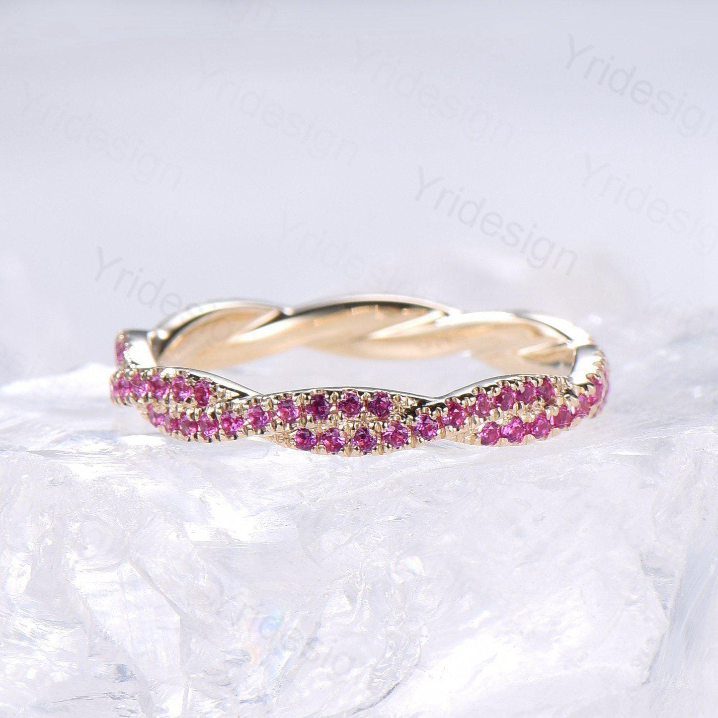 Solid 14k yellow gold ruby wedding band, twisted shape full eternity ruby wedding ring, retro stackable band engagement anniversary gift